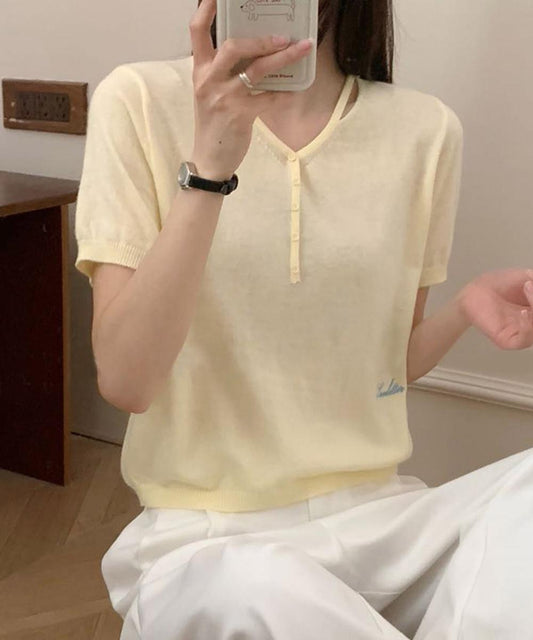 シンプルVネック半袖ニットTシャツ