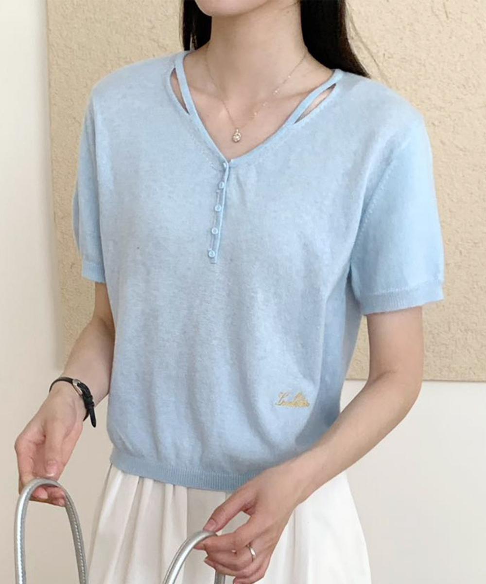 シンプルVネック半袖ニットTシャツ