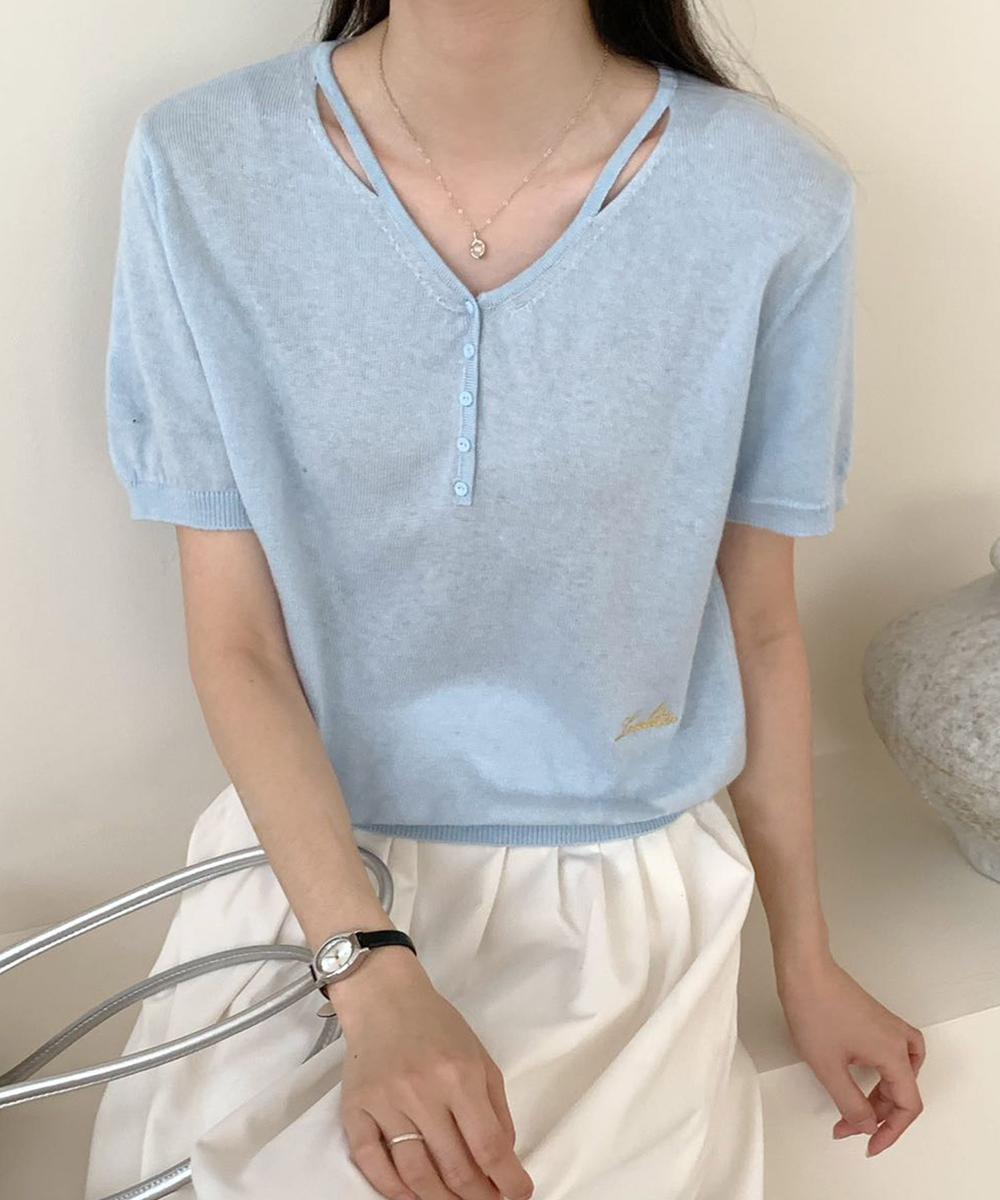 シンプルVネック半袖ニットTシャツ