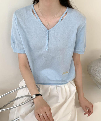 シンプルVネック半袖ニットTシャツ