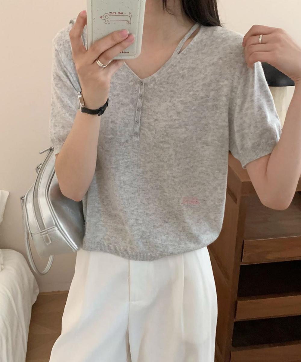 シンプルVネック半袖ニットTシャツ