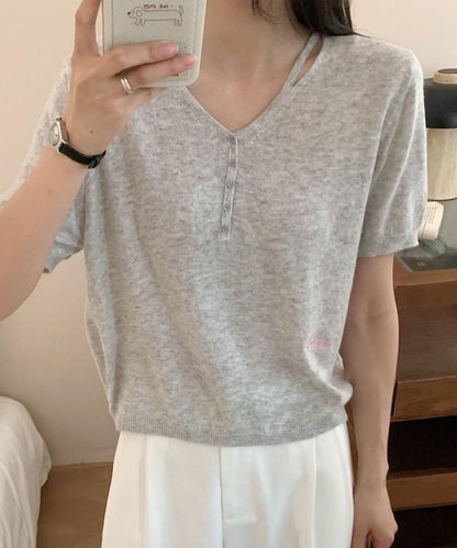 シンプルVネック半袖ニットTシャツ