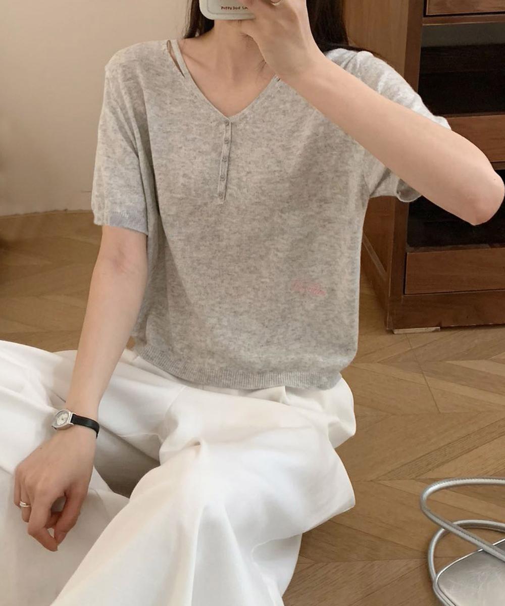 シンプルVネック半袖ニットTシャツ