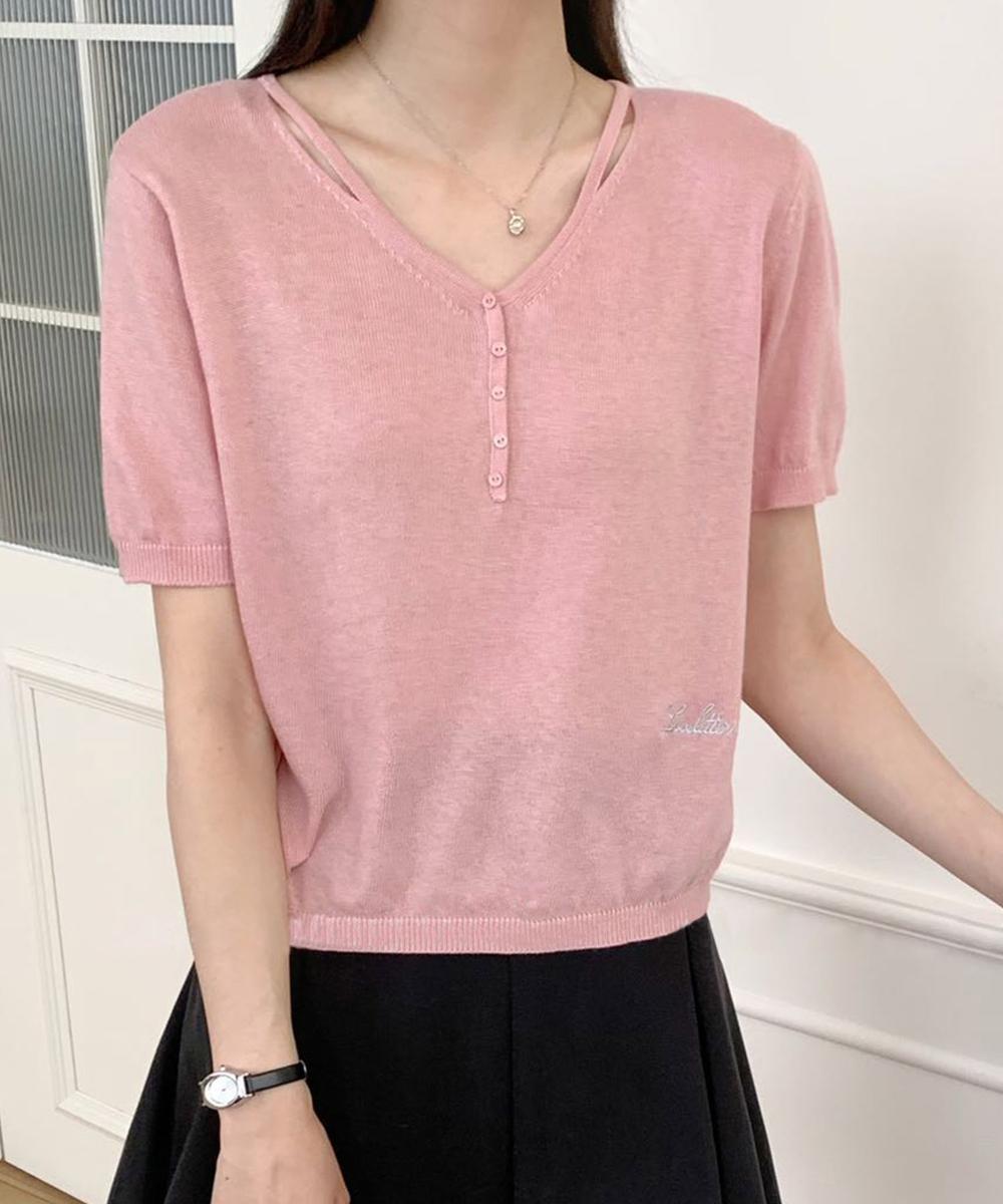 シンプルVネック半袖ニットTシャツ