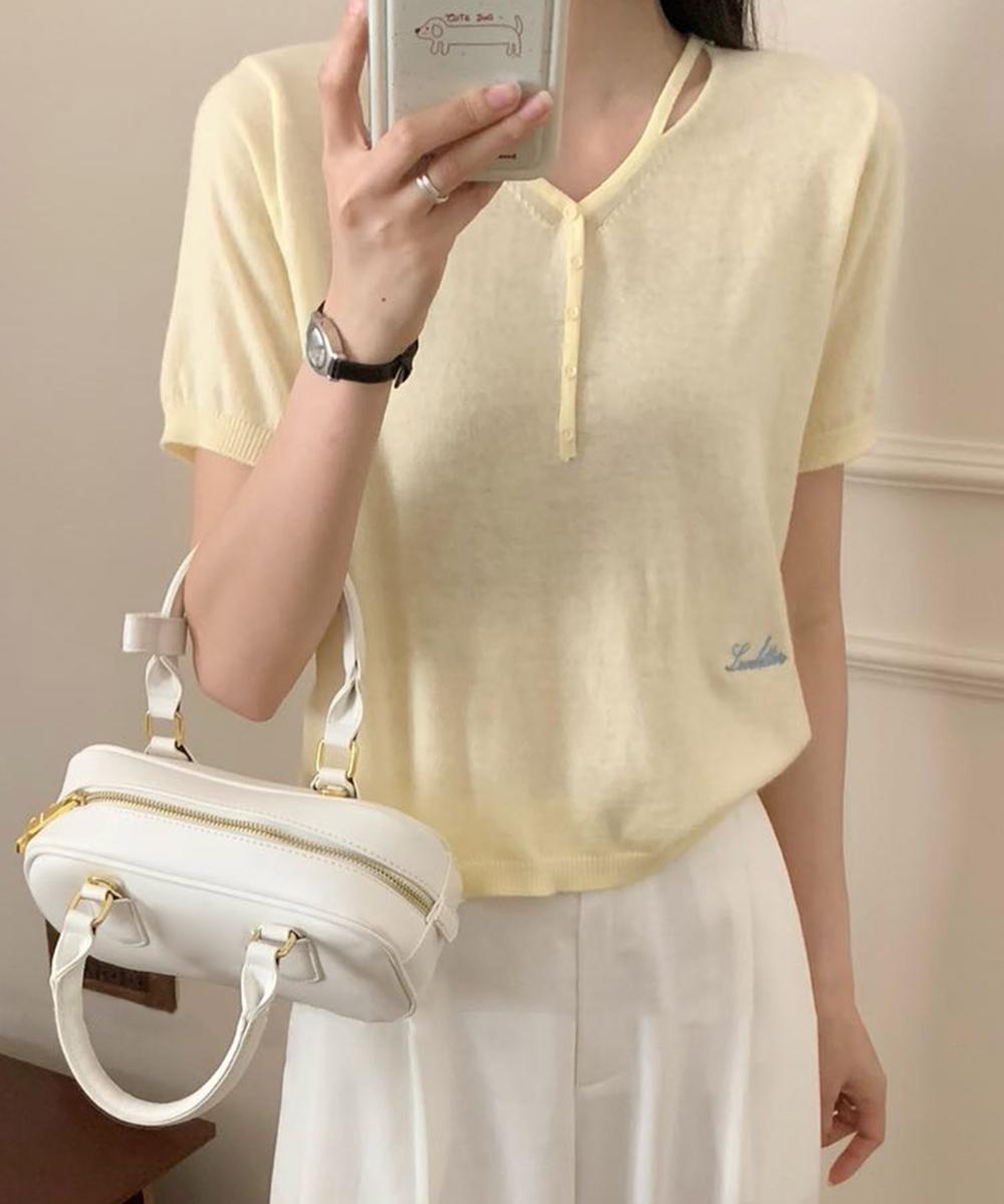 シンプルVネック半袖ニットTシャツ