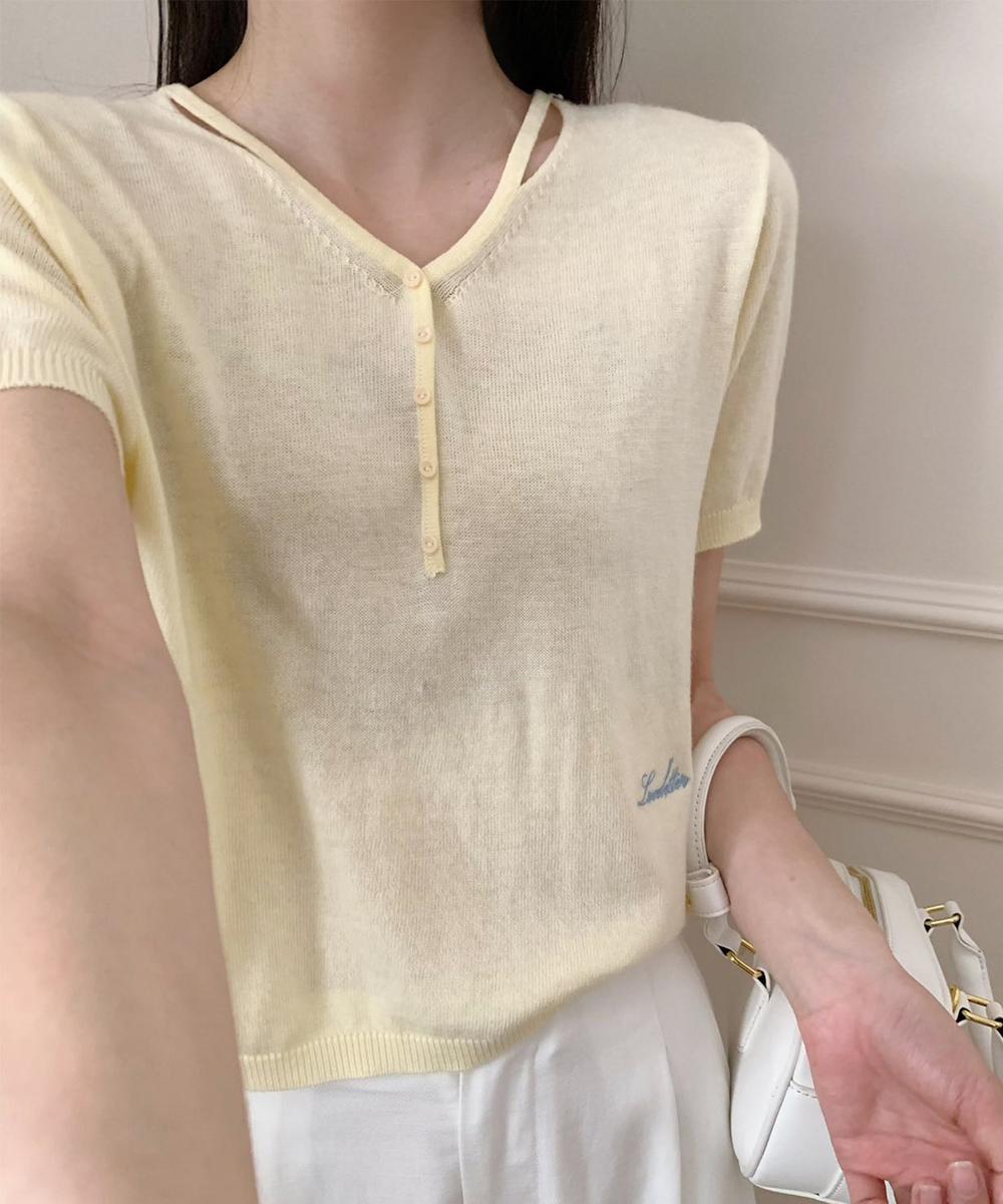 シンプルVネック半袖ニットTシャツ