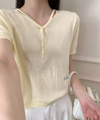 シンプルVネック半袖ニットTシャツ