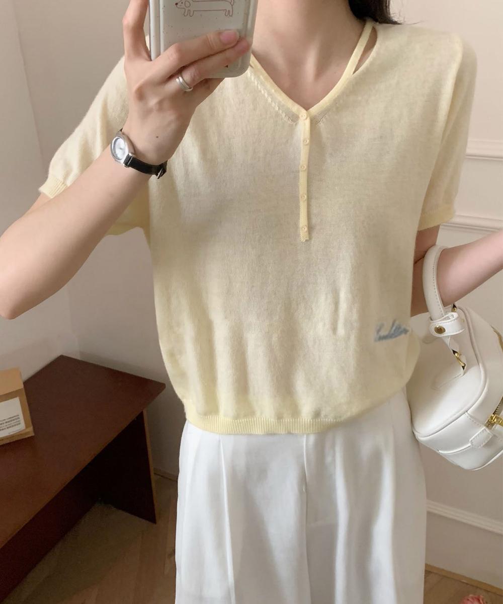 シンプルVネック半袖ニットTシャツ