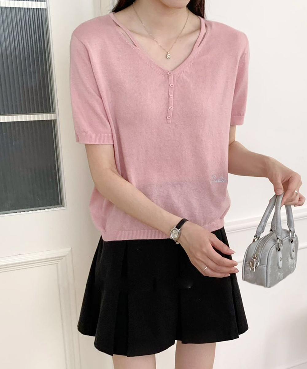 シンプルVネック半袖ニットTシャツ