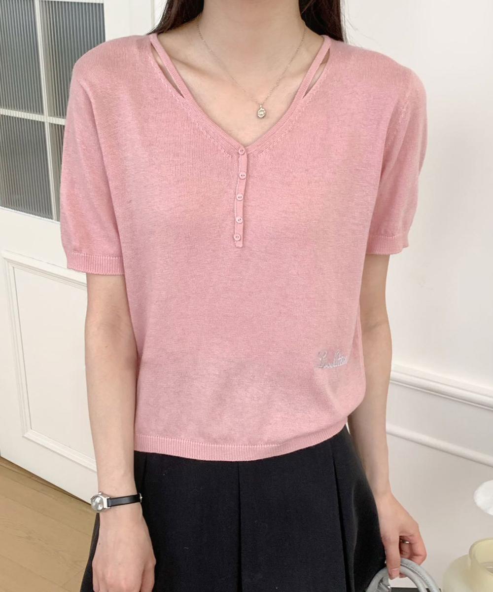 シンプルVネック半袖ニットTシャツ