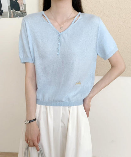 シンプルVネック半袖ニットTシャツ
