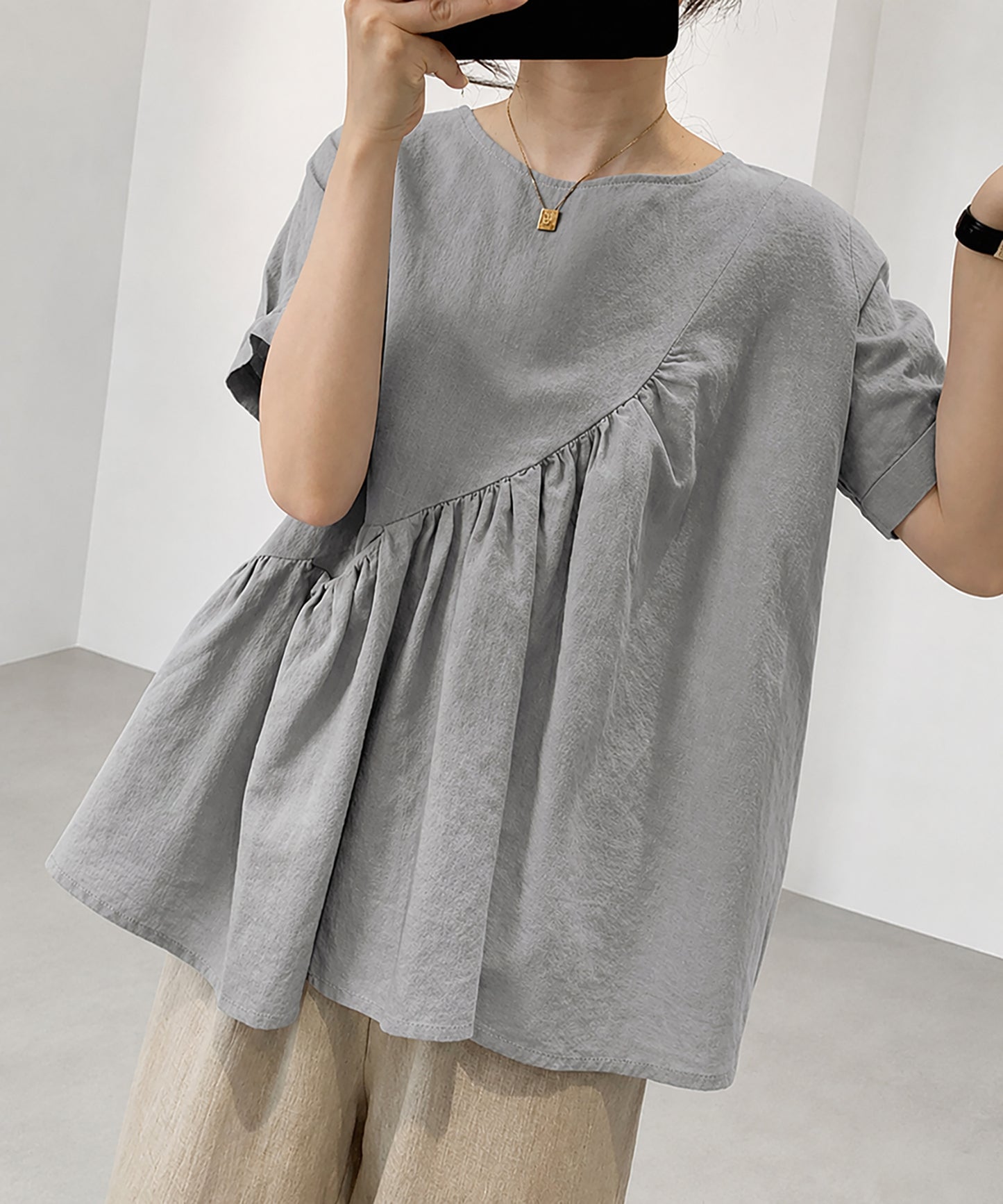aimoha/アシンメトリー切り替え半袖ブラウス