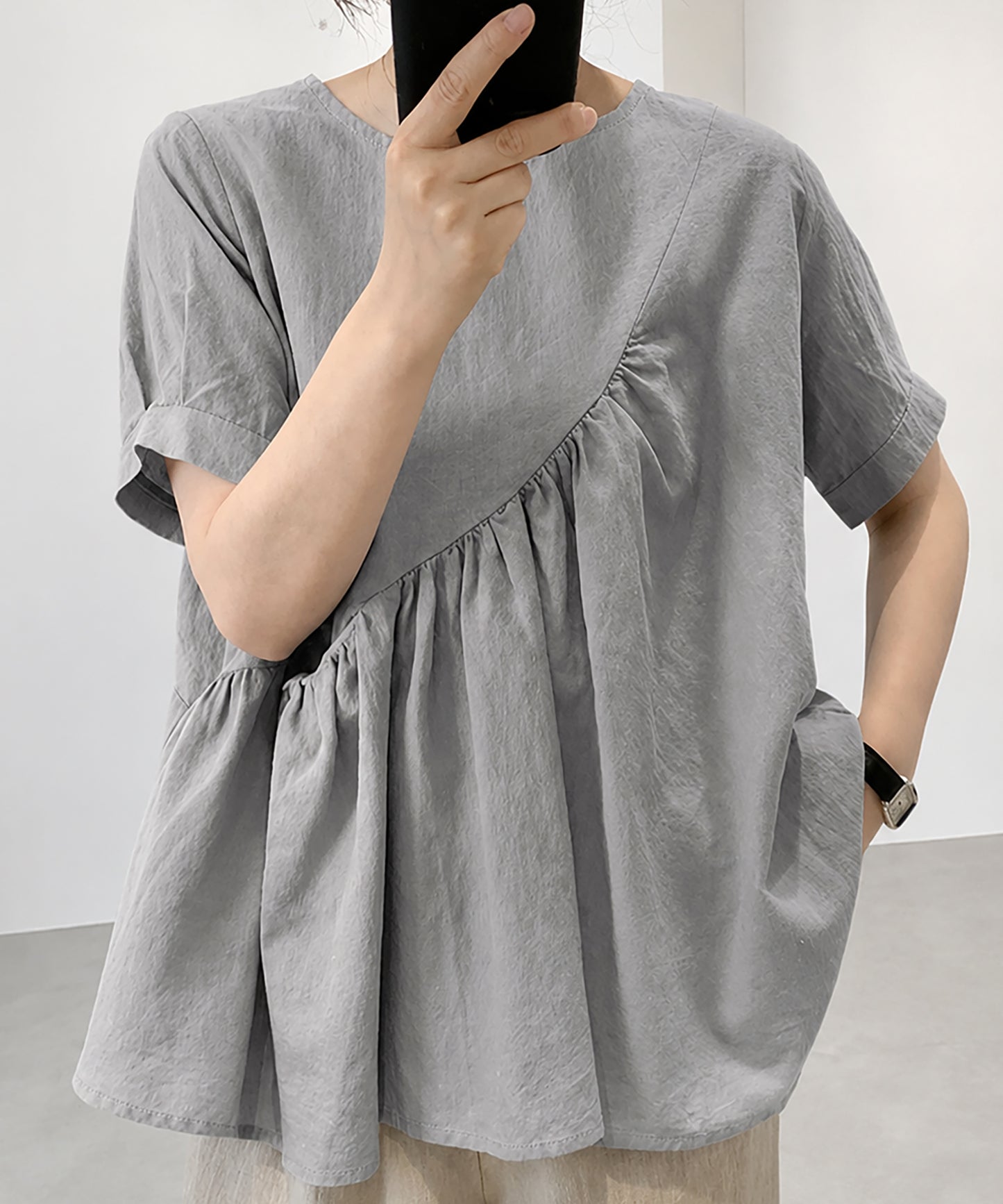 aimoha/アシンメトリー切り替え半袖ブラウス