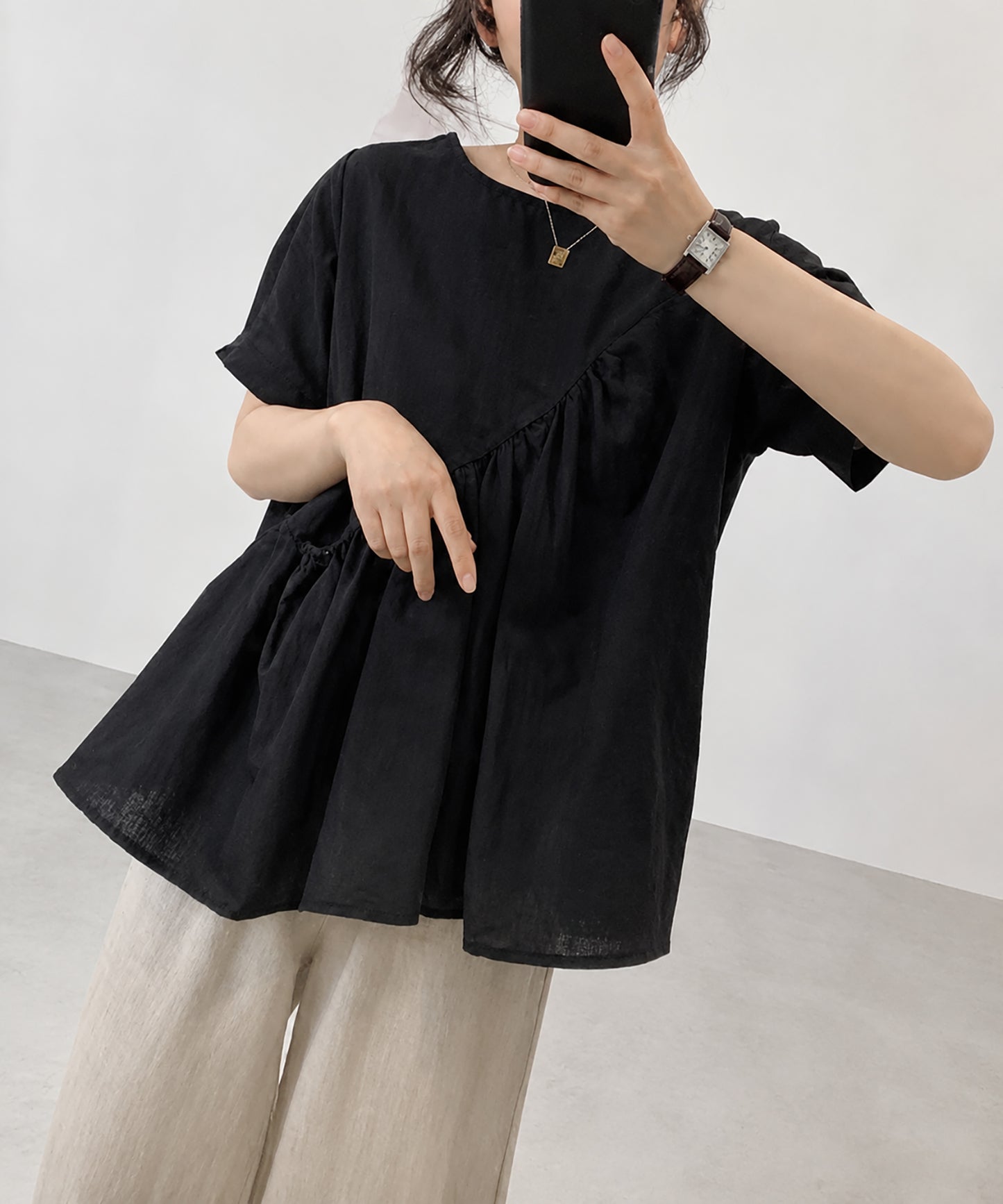 aimoha/アシンメトリー切り替え半袖ブラウス