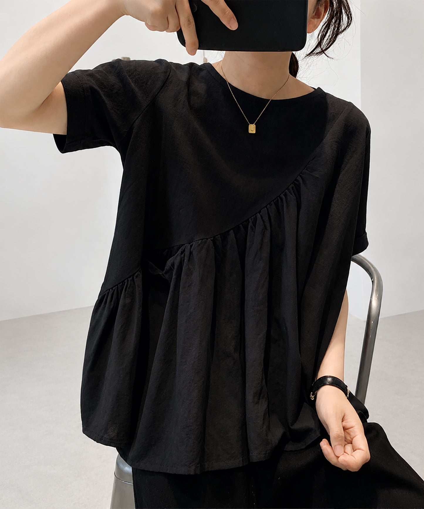 aimoha/アシンメトリー切り替え半袖ブラウス