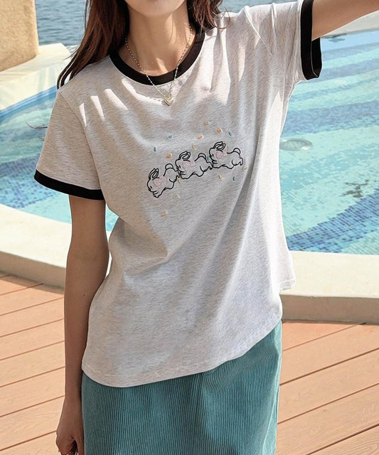 【aimoha】配色リブ＆キャラクタープリントTシャツ