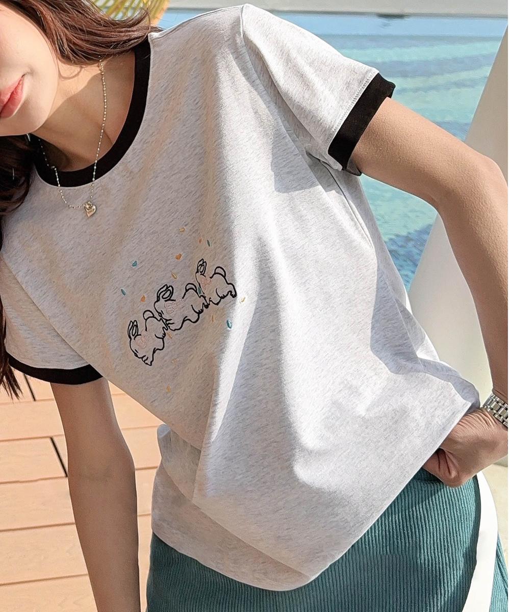 【aimoha】配色リブ＆キャラクタープリントTシャツ