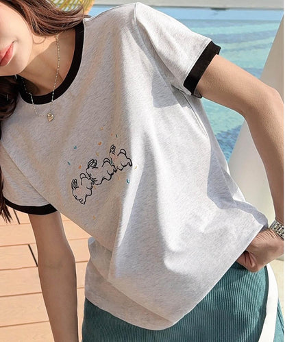 【aimoha】配色リブ＆キャラクタープリントTシャツ