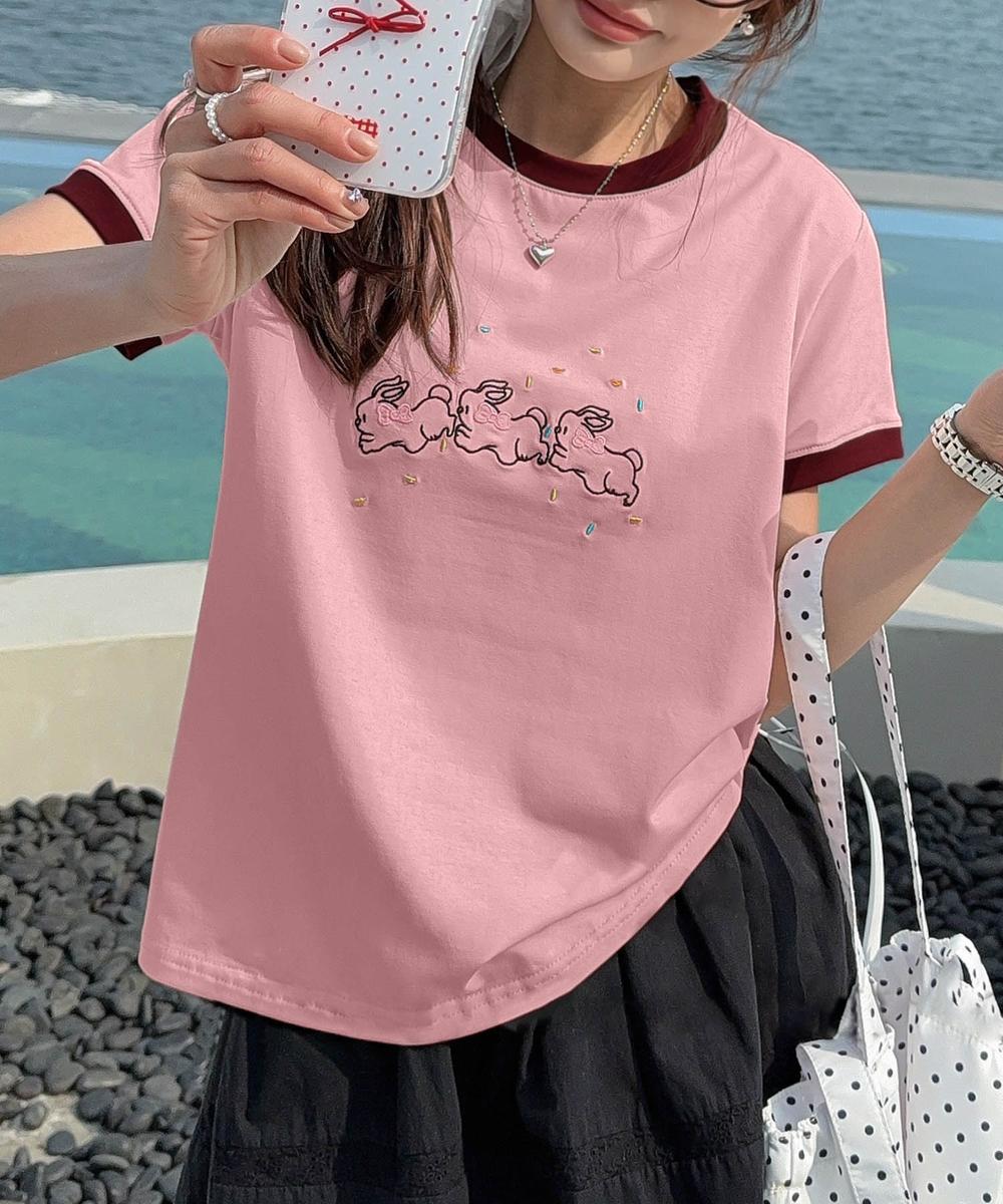 【aimoha】配色リブ＆キャラクタープリントTシャツ