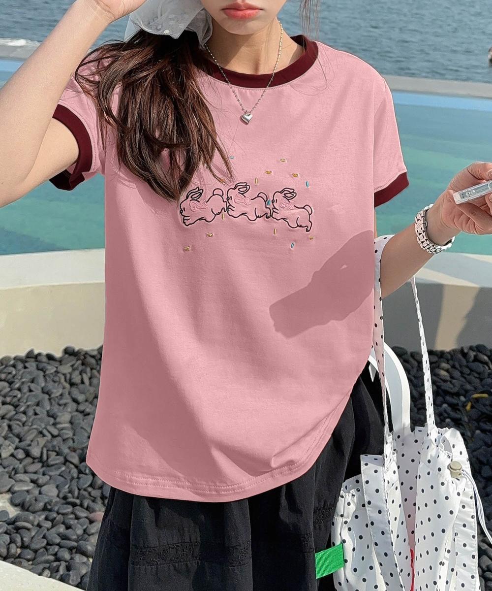 【aimoha】配色リブ＆キャラクタープリントTシャツ