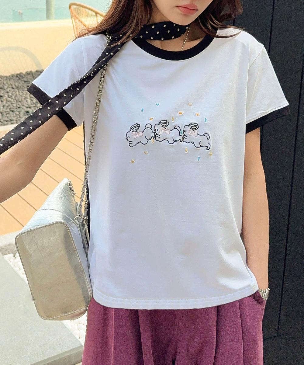 【aimoha】配色リブ＆キャラクタープリントTシャツ