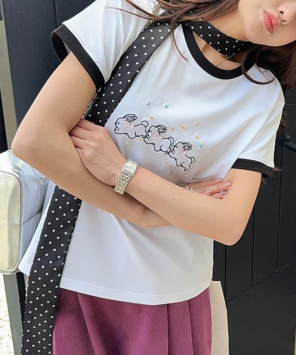【aimoha】配色リブ＆キャラクタープリントTシャツ