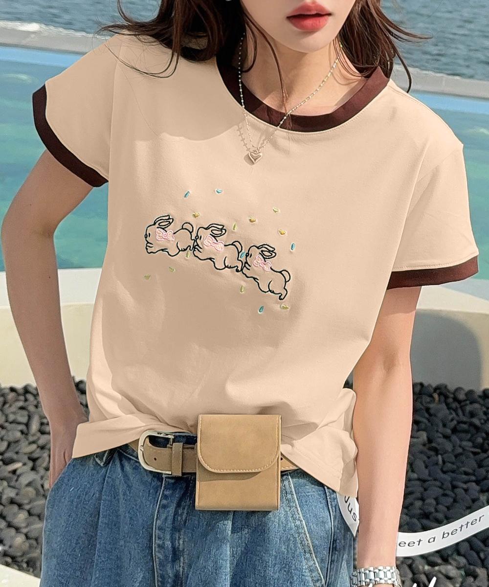 【aimoha】配色リブ＆キャラクタープリントTシャツ