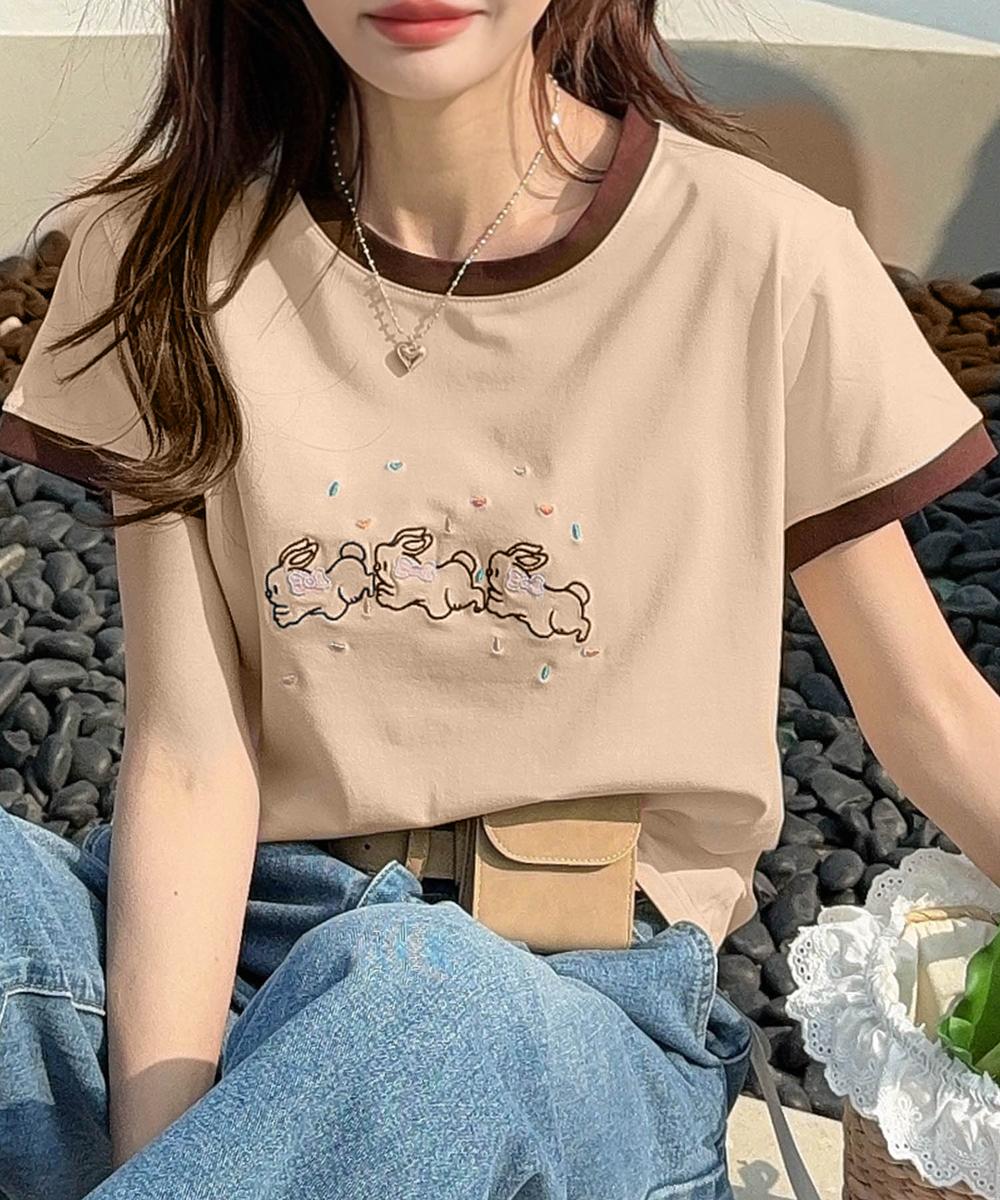 【aimoha】配色リブ＆キャラクタープリントTシャツ