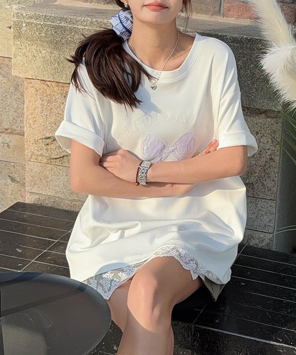【aimoha】立体リボンモチーフプリントTシャツ