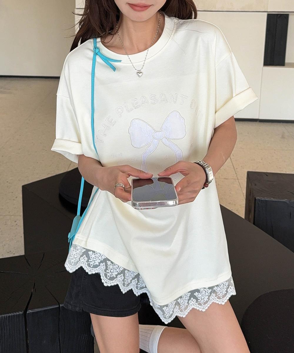 【aimoha】立体リボンモチーフプリントTシャツ