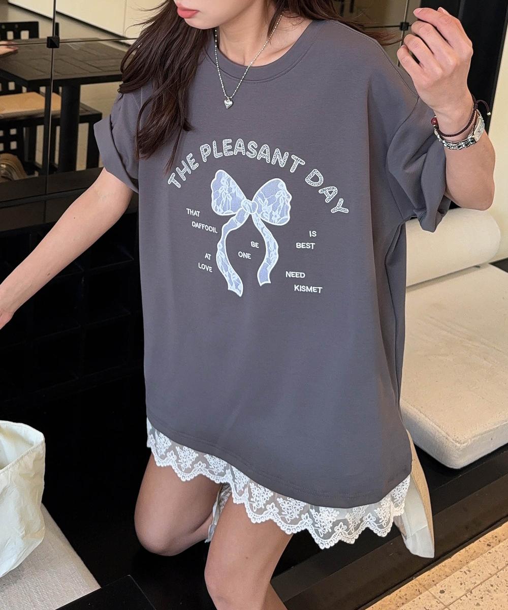 【aimoha】立体リボンモチーフプリントTシャツ