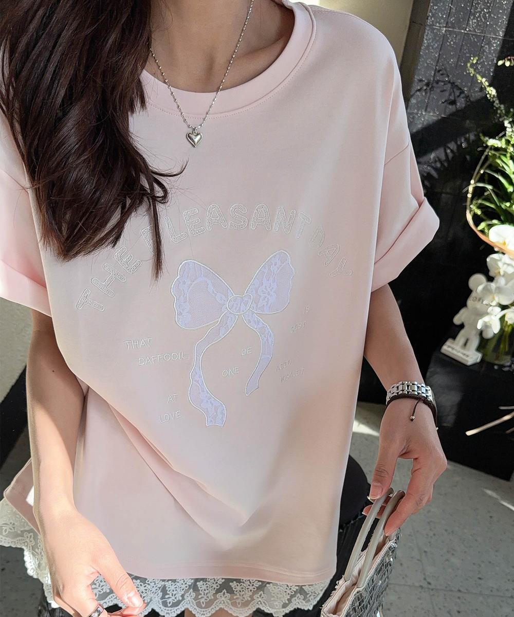 【aimoha】立体リボンモチーフプリントTシャツ