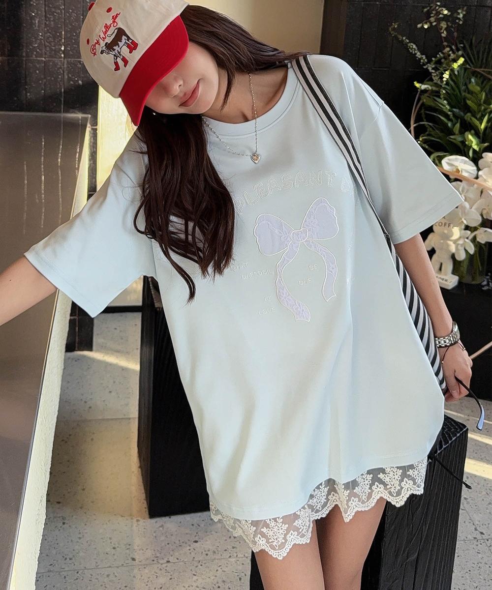 【aimoha】立体リボンモチーフプリントTシャツ