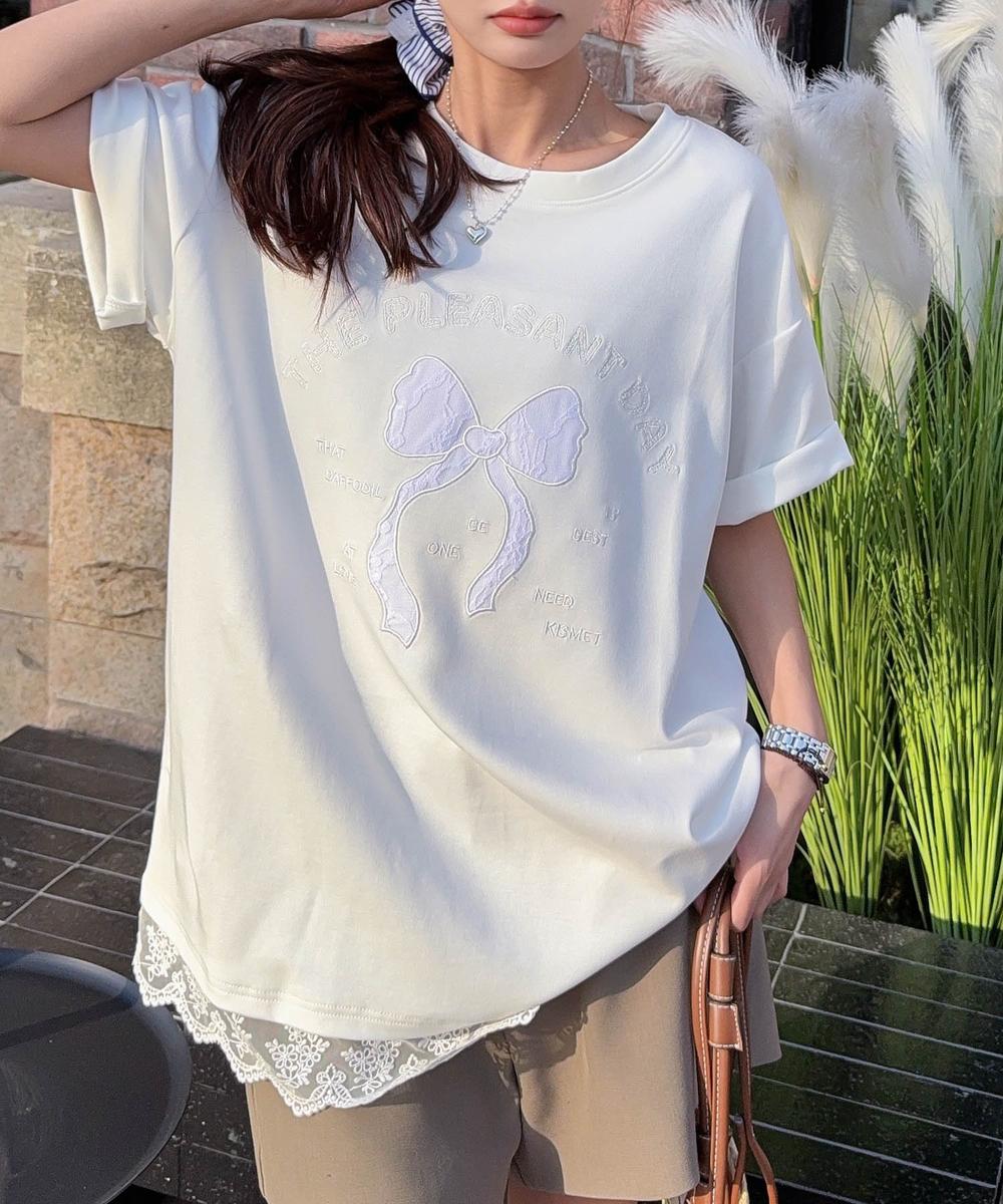 【aimoha】立体リボンモチーフプリントTシャツ