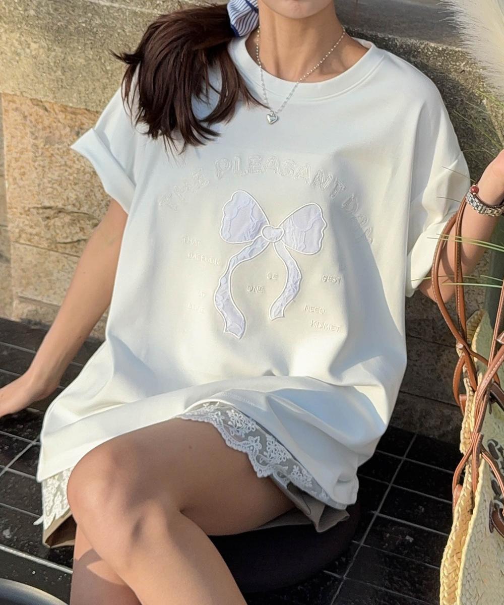 【aimoha】立体リボンモチーフプリントTシャツ