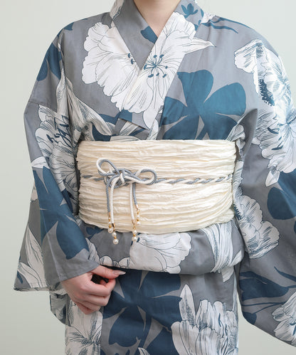 花模様コットン浴衣4点セット ゆかた・へこ帯・下駄・髪飾り