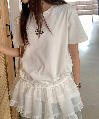 【aimoha】ミニ刺繍シンプルTシャツ