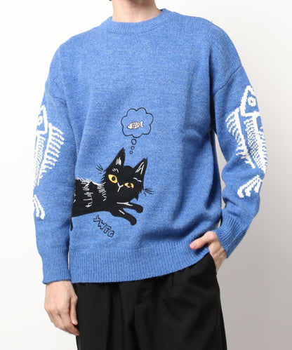 [HOOK] Unique/Cute cat and fish embroidered knit sweater