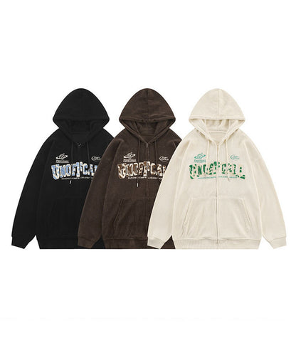 [HOOK] American casual embroidery waffle fabric open-front hoodie