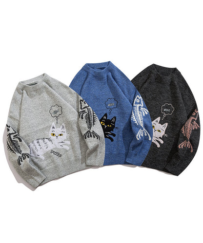 [HOOK] Unique/Cute cat and fish embroidered knit sweater