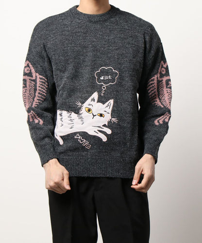 [HOOK] Unique/Cute cat and fish embroidered knit sweater