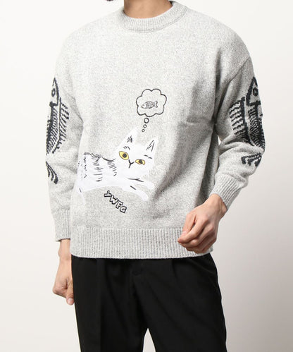 [HOOK] Unique/Cute cat and fish embroidered knit sweater