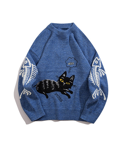 [HOOK] Unique/Cute cat and fish embroidered knit sweater