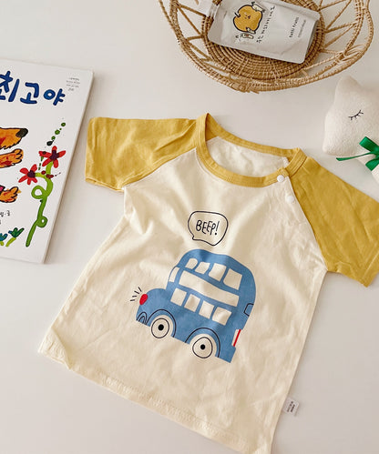 【aimoha-KIDS-】 かわいい動物イラストプリント 袖切り替え半袖tシャツ