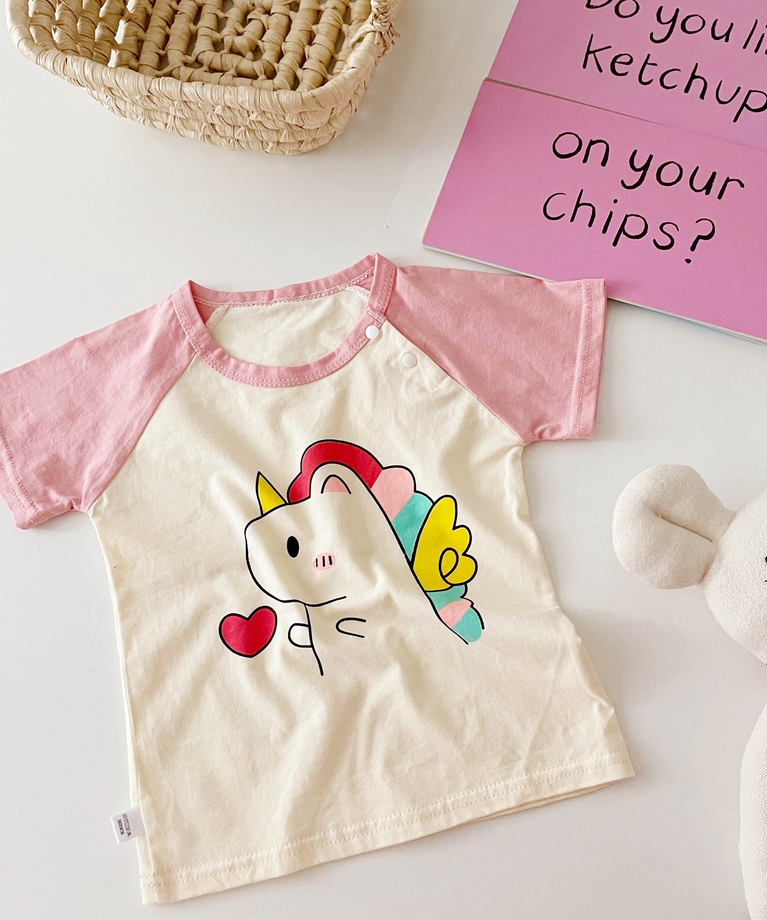 【aimoha-KIDS-】 かわいい動物イラストプリント 袖切り替え半袖tシャツ