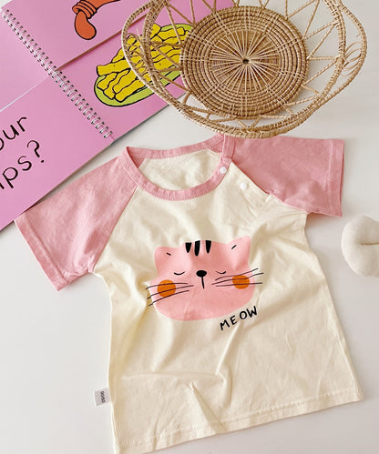 【aimoha-KIDS-】 かわいい動物イラストプリント 袖切り替え半袖tシャツ