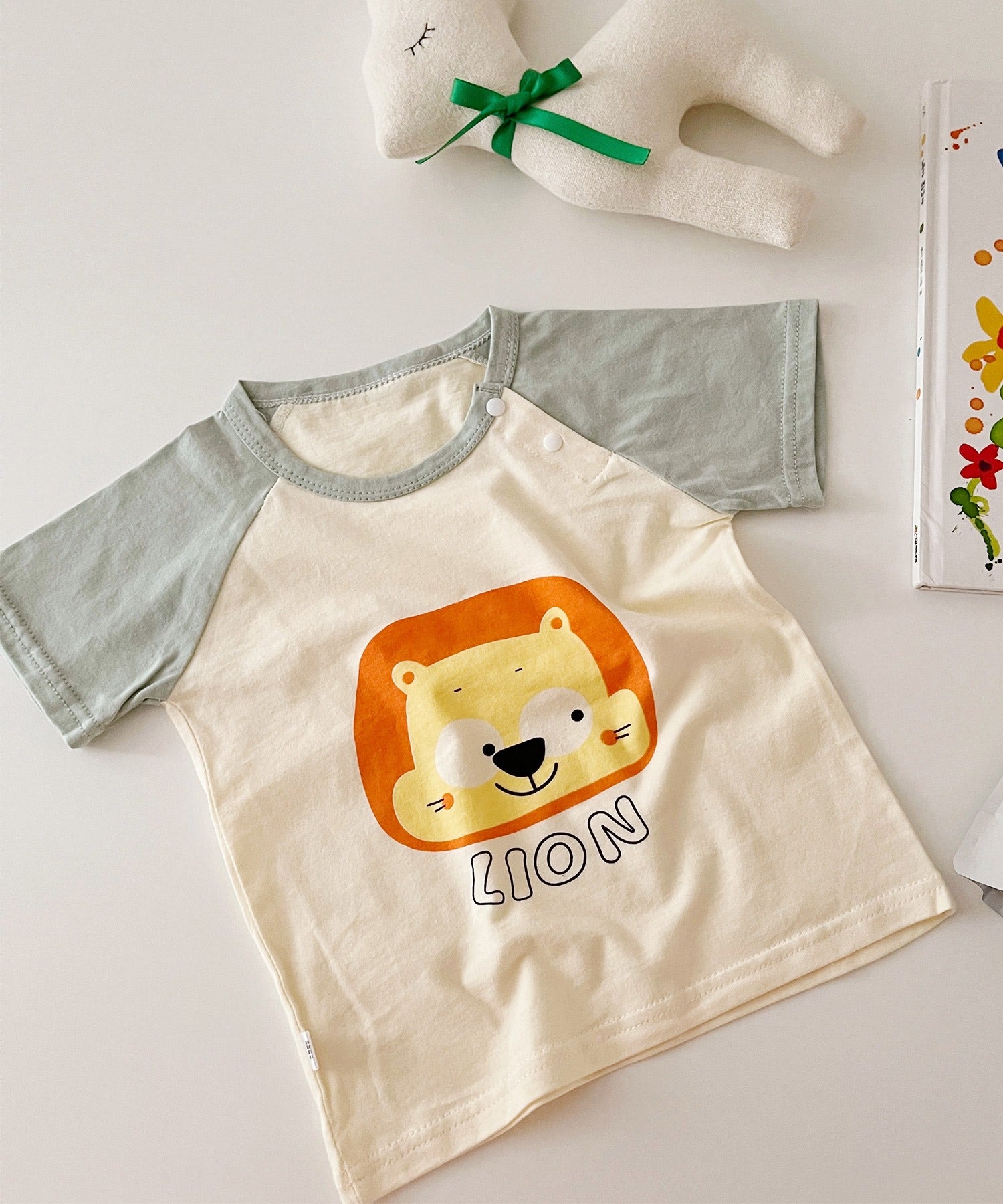 【aimoha-KIDS-】 かわいい動物イラストプリント 袖切り替え半袖tシャツ