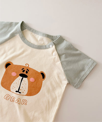 【aimoha-KIDS-】 かわいい動物イラストプリント 袖切り替え半袖tシャツ