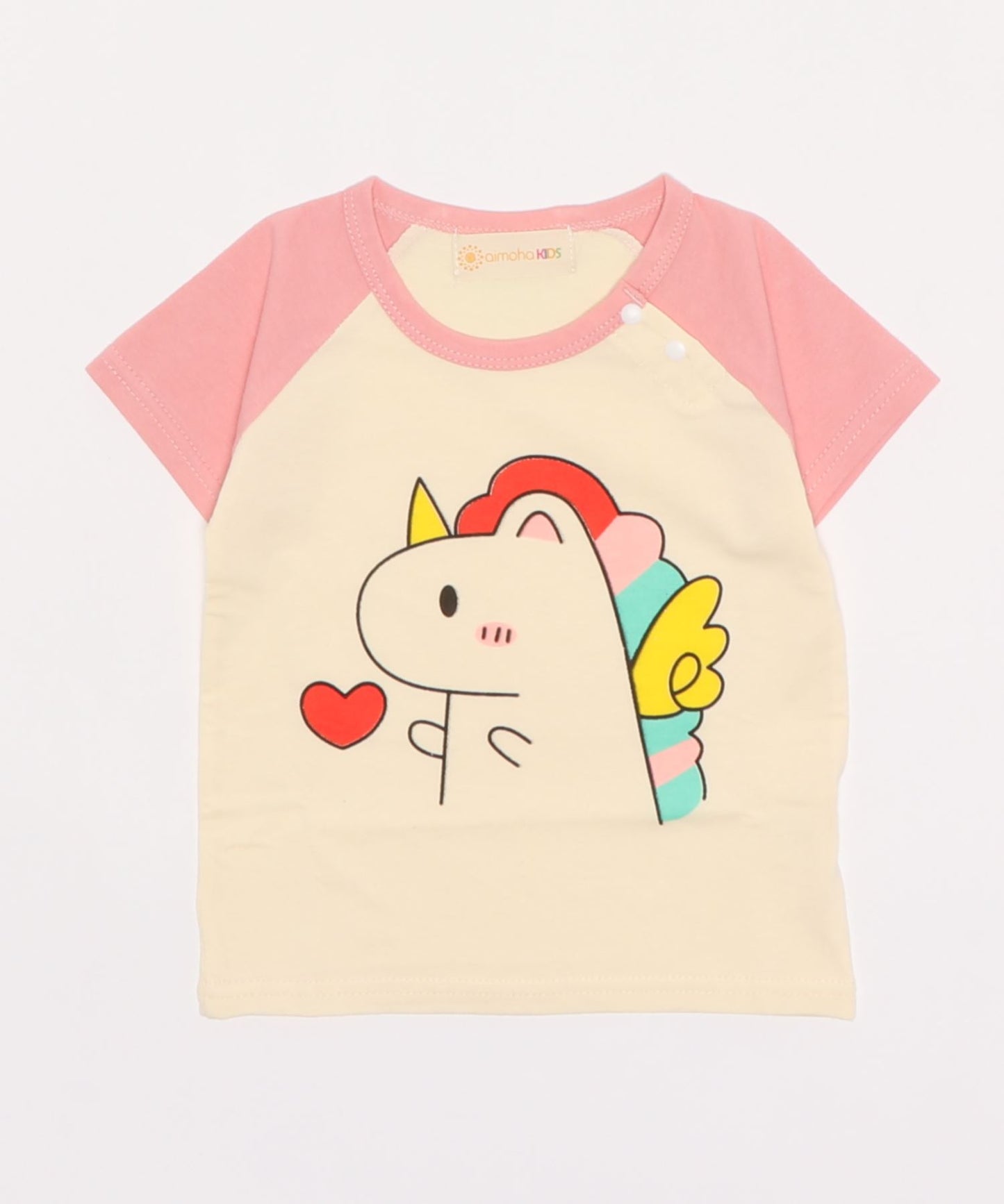 【aimoha-KIDS-】 かわいい動物イラストプリント 袖切り替え半袖tシャツ