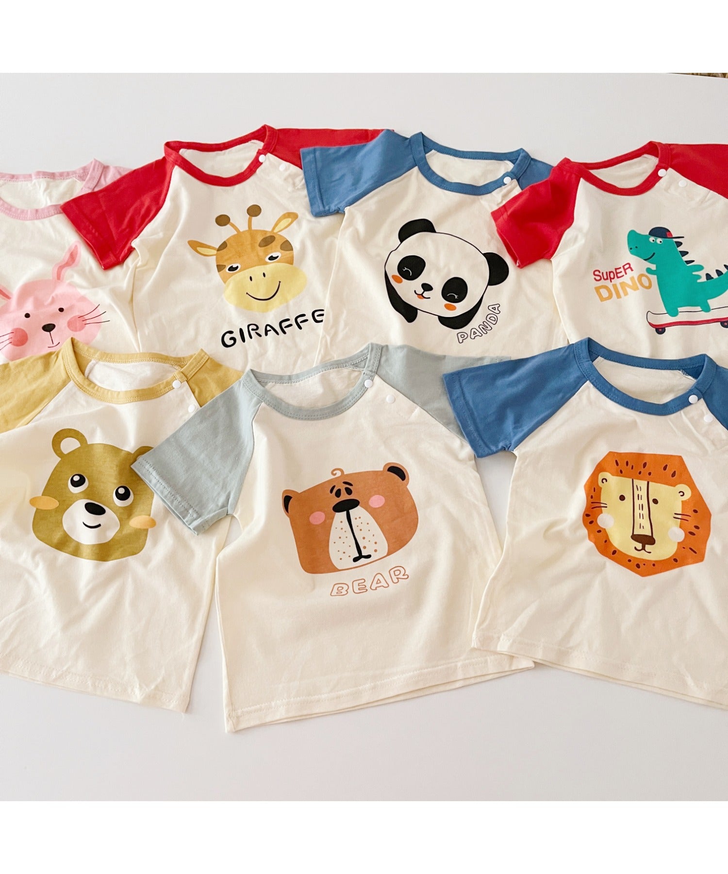 【aimoha-KIDS-】 かわいい動物イラストプリント 袖切り替え半袖tシャツ